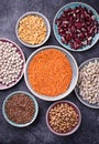 Various legumes. Chickpeas, red lentils, black lentils, yellow p Royalty Free Stock Photo