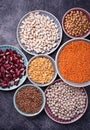 Various legumes. Chickpeas, red lentils, black lentils, yellow p Royalty Free Stock Photo