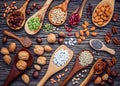 Various legumes and different kinds of nutshells in spoons. Walnuts kernels ,hazelnuts, almond ,brown pinto ,soy beans ,flax seed