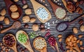 Various legumes and different kinds of nutshells in spoons. Walnuts kernels ,hazelnuts, almond ,brown pinto ,soy beans ,flax seed