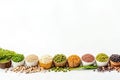 various legumes in wooden bowls and spoons on white background