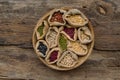 Various legumes in wooden weave bamboo basket top view
