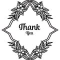 Various lettering of thank you, decoration greeting card, ornament black white flower frame. Vector Royalty Free Stock Photo