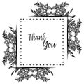 Various lettering of thank you, decoration greeting card, ornament black white flower frame. Vector Royalty Free Stock Photo