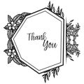 Various lettering of thank you, decoration greeting card, ornament black white flower frame. Vector Royalty Free Stock Photo