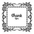 Various lettering of thank you, decoration greeting card, ornament black white flower frame. Vector Royalty Free Stock Photo