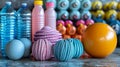 Various liquidfilled bottles and colored balls on the table Royalty Free Stock Photo