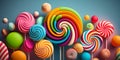 Various lollipops, marshmallow and candy on light blue background. Colorful lollipop background, banner , for design,