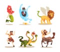 Various Magical Mythical Creatures with Mermaid, Centaur, Faun, Fire Breathing Dragon, Jinn from Lamp and Griffin Vector