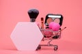 Various make-up products and brushes in shopping cart on pink background. Makeup cosmetics sale concept