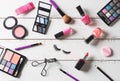 Various make-up products and cosmetics on wooden table Royalty Free Stock Photo