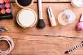 Various make-up products laid on table. Copy space Royalty Free Stock Photo