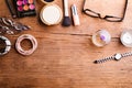 Various make-up products laid on table. Copy space Royalty Free Stock Photo