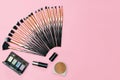 Various Makeup brushes full set, lipstick, eyeshadow and powder, everyday make up professional tools, decorative beauty Royalty Free Stock Photo