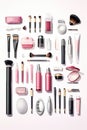Various makeup products arranged neatly on a white surface. Perfect for beauty and cosmetics related projects Royalty Free Stock Photo