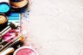 Various makeup products on dark background. Beauty and fashion c Royalty Free Stock Photo