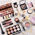 Various makeup products on table, flat design. Woman cosmetic essentials, top view Royalty Free Stock Photo