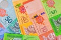 Different banknotes of Malaysian ringgit currency on flat surface Royalty Free Stock Photo