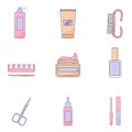 Various manicure accessories, equipment, tools. Nail file, nail scissors, tweezers, nail polish, hand cream, polish