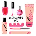 Various manicure accessories, equipment, tools. nail polish, hand cream, polish remover, brush. Hand drawn colored vector set. All