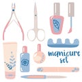 Various manicure accessories, equipment, tools. nail polish, hand cream, polish remover, brush, scissors. Hand drawn colored