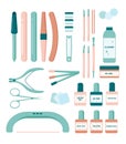Various manicure accessories, equipment, tools. Nail scissors, nail file, polish remover. big colored vector set