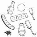 Various manicure accessories, equipment, tools. Nail scissors, nail file, tweezers, nail polish, nail oil, polish remover, brush