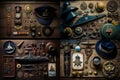 Various marine objects on a wooden table viewed from above as a photo collage.