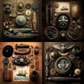 Various marine objects on a wooden table viewed from above as a photo collage.