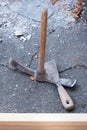 Various masonry and brickwork tools being used on a construction site