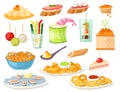 Various meat canape snacks appetizer fish and cheese banquet snacks on platter vector illustration. Royalty Free Stock Photo