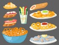 Various meat canape snacks appetizer fish and cheese banquet snacks on platter vector illustration. Royalty Free Stock Photo