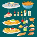 Various meat canape snacks appetizer fish and cheese banquet snacks on platter vector illustration. Royalty Free Stock Photo