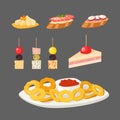 Various meat canape snacks appetizer fish and cheese banquet snacks on platter vector illustration. Royalty Free Stock Photo