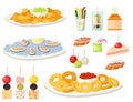 Various meat canape snacks appetizer fish and cheese banquet snacks on platter vector illustration.