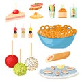 Various meat canape snacks appetizer fish and cheese banquet snacks on platter vector illustration.