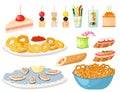 Various meat canape snacks appetizer fish and cheese banquet snacks on platter vector illustration. Royalty Free Stock Photo