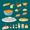 Various meat canape snacks appetizer fish and cheese banquet snacks on platter vector illustration. Royalty Free Stock Photo