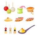 Various meat canape snacks appetizer fish and cheese banquet snacks on platter vector illustration.