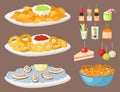 Various meat canape snacks appetizer fish and cheese banquet snacks on platter vector illustration.