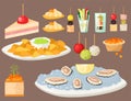 Various meat canape snacks appetizer fish and cheese banquet snacks on platter vector illustration. Royalty Free Stock Photo