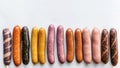 Various meat fresh sausages lie in a row, white background, isolate. AI generated.