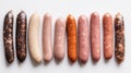 Various meat fresh sausages lie in a row, white background, isolate. AI generated.