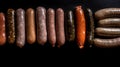 Various meat sausages lie in a row, black background, isolate. AI generated.