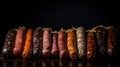 Various meat sausages lie in a row, black background, isolate. AI generated.