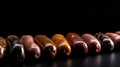 Various meat sausages lie in a row, black background, isolate. AI generated.