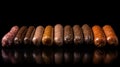 Various meat sausages lie in a row, black background, isolate. AI generated.
