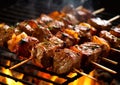 Various meat skewers with vegetables on round grill with fire.Macro.AI Generative