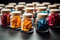 Various medical capsules and tablets in jars. Biologically active additives. Generative AI