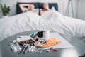 Various medicines and pill bottle on table Royalty Free Stock Photo